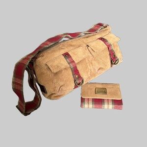 Vintage Longaberger Homestead Tan Corduroy Orchard Park Plaid Shoulder Bag Purse